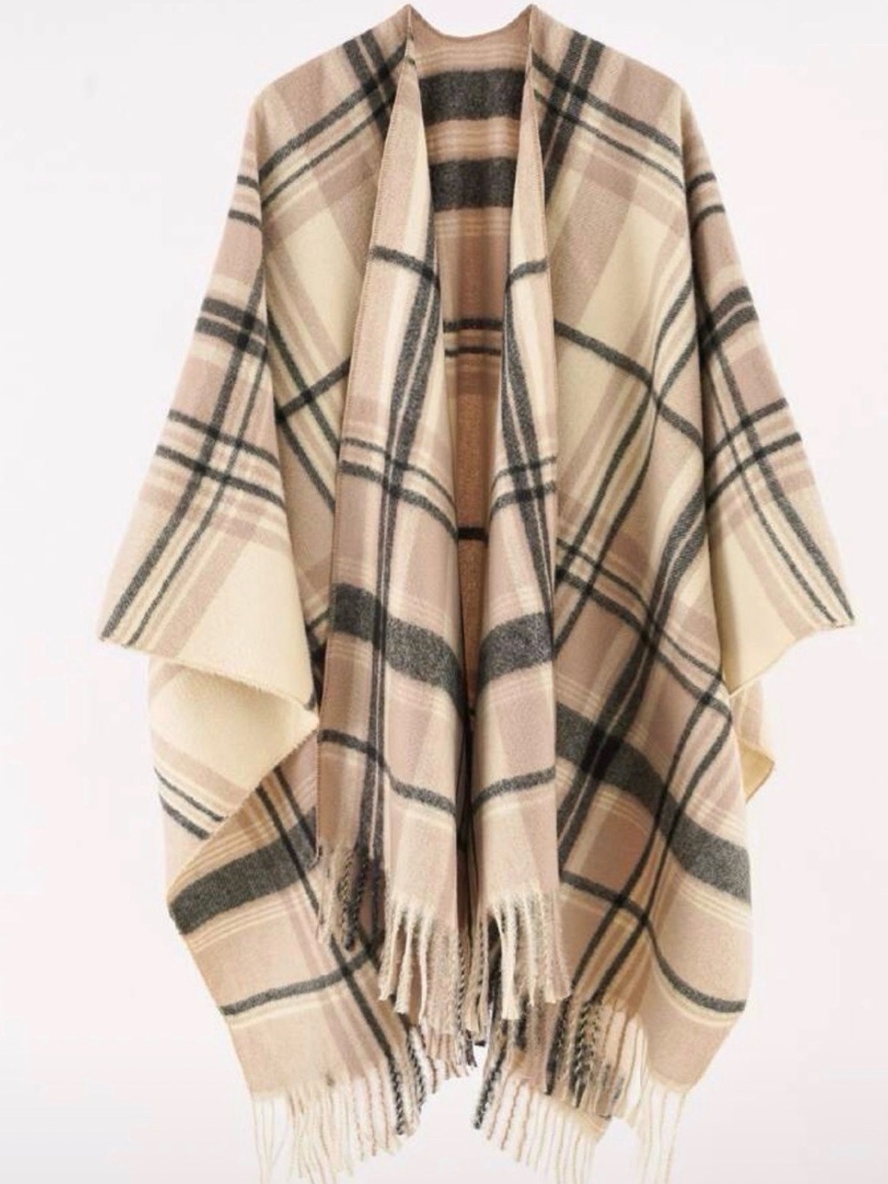 Cozy Plaid Throw Shawl in Beige and Cream - Brand